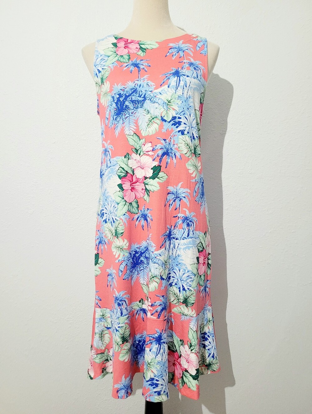 Tommy Bahama Tropical Palm Hibiscus Dress Medium Coral Sleeveless Resort Coastal